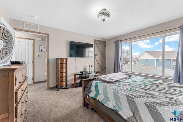 bedroom with visible vents, baseboards, access to outside, and light colored carpet