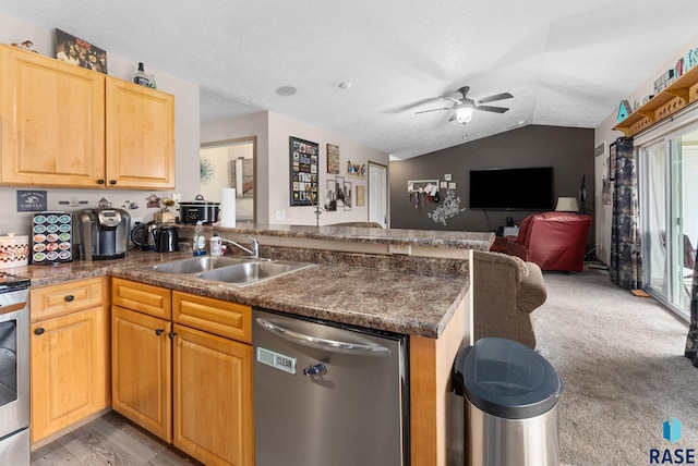 kitchen with ceiling fan, appliances with stainless steel finishes, a sink, a peninsula, and vaulted ceiling