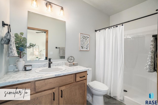 bathroom featuring toilet, a stall shower, and vanity