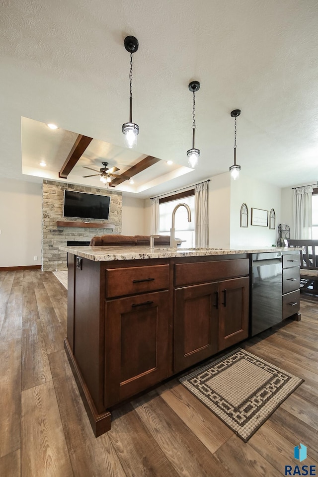 kitchen with dark brown cabinets, ceiling fan, open floor plan, dark wood-type flooring, and stainless steel dishwasher
