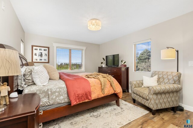 bedroom featuring baseboards, multiple windows, and wood finished floors