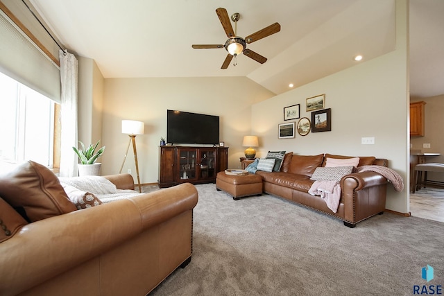 3219 S Grace Ave, Sioux Falls, SD 57103 - carpeted living area with vaulted ceiling, baseboards, a ceiling fan, and recessed lighting