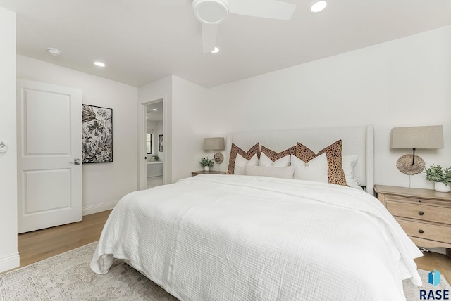 bedroom with recessed lighting, baseboards, a ceiling fan, and light wood-type flooring
