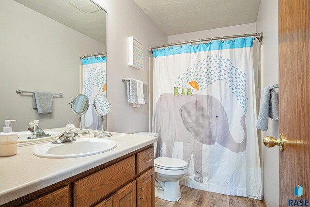 bathroom featuring vanity, a shower with curtain, toilet, and wood finished floors