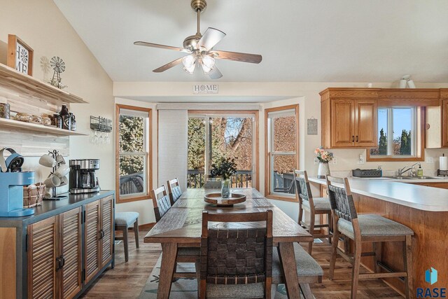 dining room featuring a ceiling fan and wood finished floors