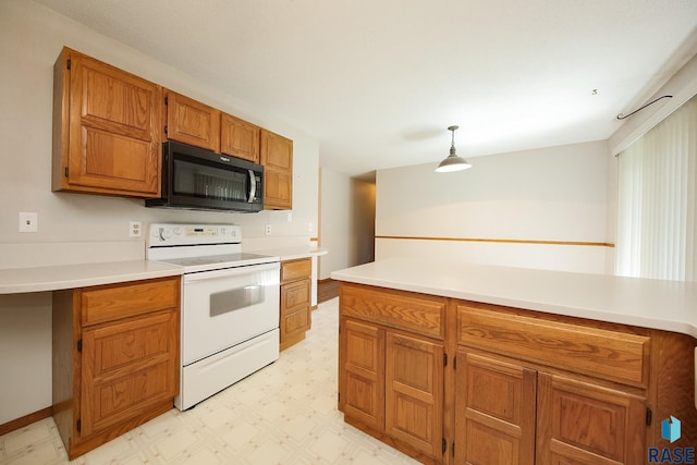 kitchen with light floors, light countertops, white range with electric stovetop, brown cabinets, and hanging light fixtures