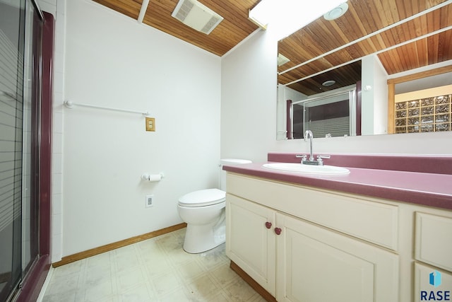 bathroom with vanity, tile patterned floors, a shower stall, visible vents, and wood ceiling