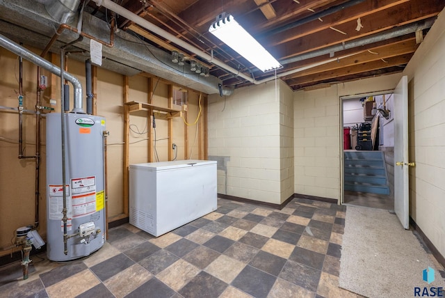 4108 E 23rd St, Sioux Falls, SD 57103 - unfinished below grade area featuring concrete block wall, gas water heater, and fridge