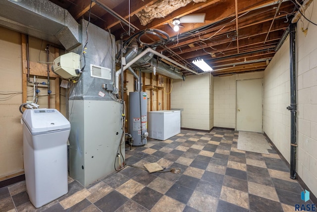 4108 E 23rd St, Sioux Falls, SD 57103 - unfinished basement featuring concrete block wall, gas water heater, fridge, and visible vents