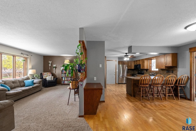 4108 E 23rd St, Sioux Falls, SD 57103 - living area with a textured ceiling, ceiling fan, a wealth of natural light, and light wood-style floors