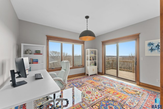 office space with baseboards and wood finished floors