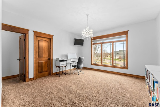 office with an inviting chandelier, baseboards, and carpet