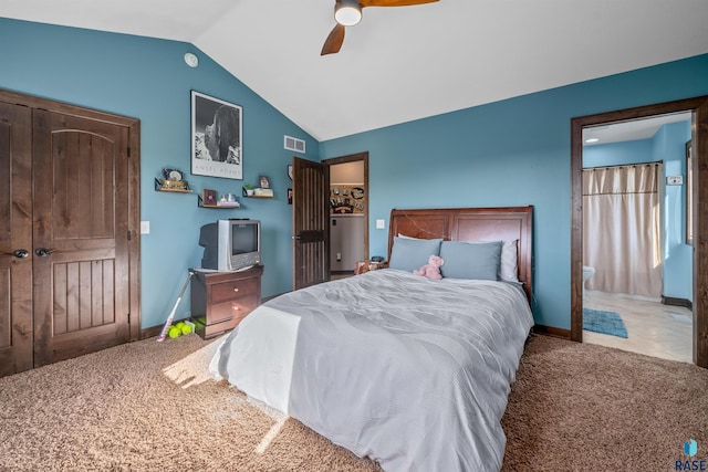 bedroom featuring ceiling fan, visible vents, baseboards, lofted ceiling, and carpet