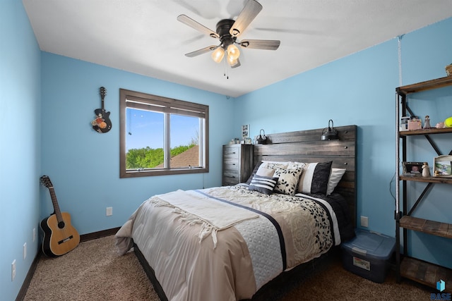 bedroom with baseboards, carpet flooring, and a ceiling fan
