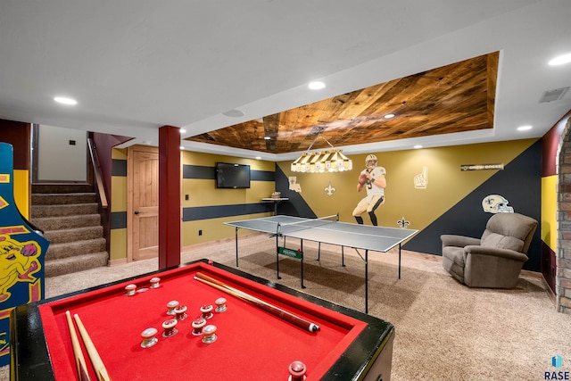 playroom featuring billiards, wood ceiling, visible vents, carpet flooring, and recessed lighting