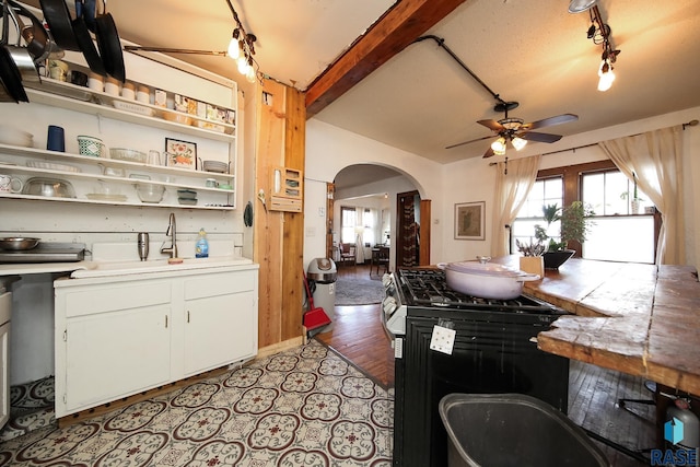 kitchen with arched walkways, black range with gas cooktop, a ceiling fan, and a wealth of natural light