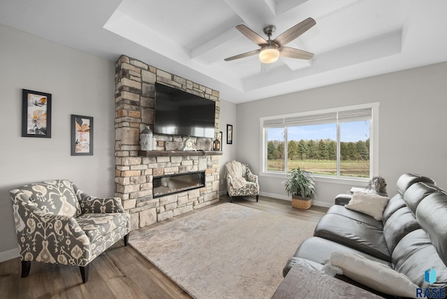 922 Johnson Creek Ct, Harrisburg, SD 57032 - living room with a tray ceiling, wood finished floors, a ceiling fan, a fireplace, and baseboards