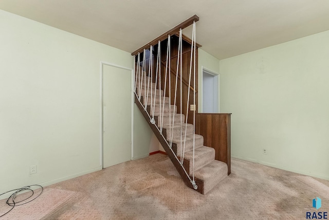 stairway with carpet flooring and baseboards
