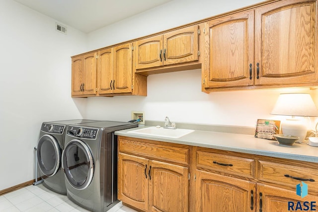 laundry area featuring visible vents, washing machine and clothes dryer, cabinet space, a sink, and baseboards
