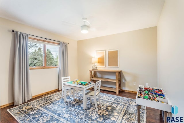game room featuring baseboards, a ceiling fan, wood finished floors, and visible vents