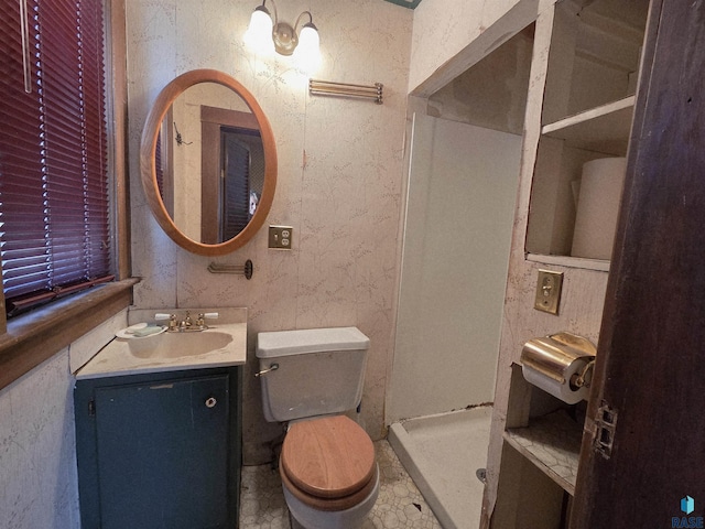 bathroom featuring vanity, a stall shower, and toilet