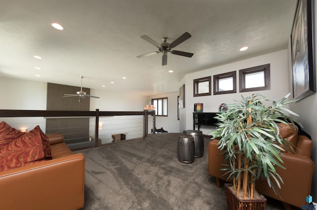 living room featuring ceiling fan, carpet, and recessed lighting