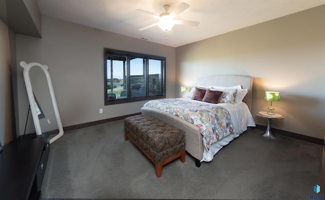 carpeted bedroom featuring visible vents, baseboards, and ceiling fan