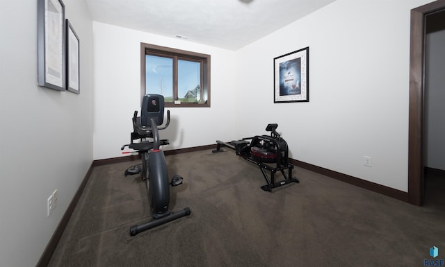 exercise room featuring carpet, visible vents, and baseboards
