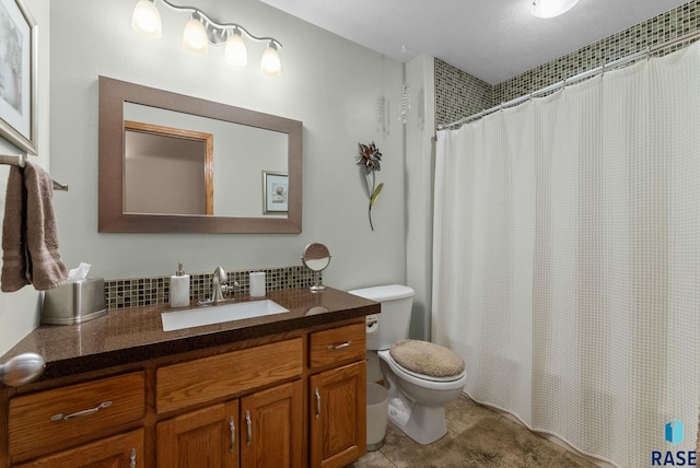 full bathroom with toilet, a shower with curtain, vanity, tile patterned floors, and decorative backsplash