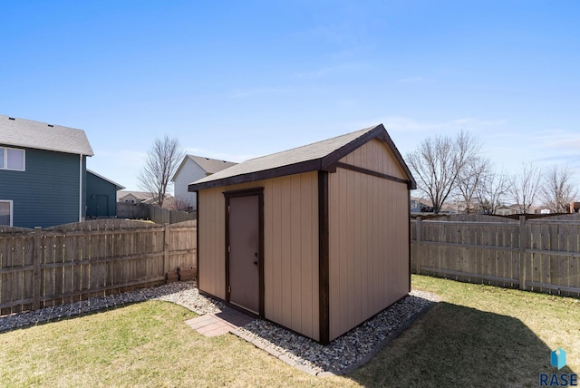 view of shed with a fenced backyard