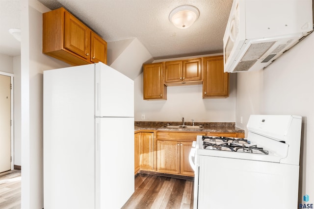 kitchen featuring white appliances, a sink, ventilation hood, wood finished floors, and dark countertops