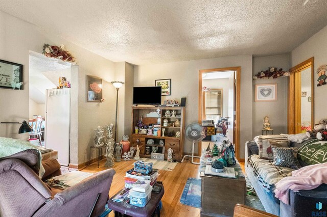 living room featuring a textured ceiling and wood finished floors