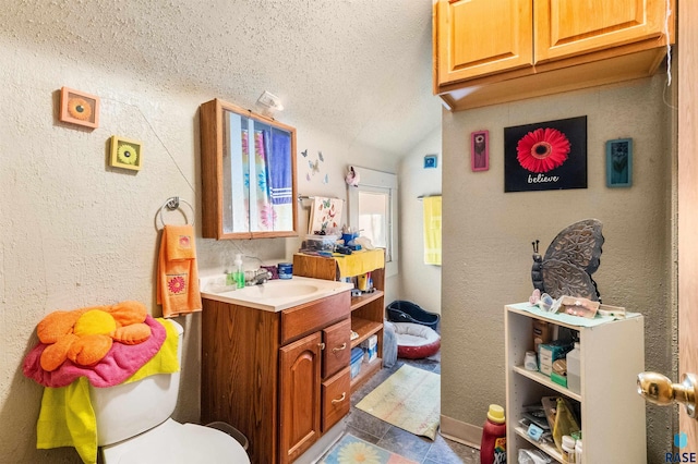 bathroom featuring toilet, vanity, a textured ceiling, vaulted ceiling, and a textured wall