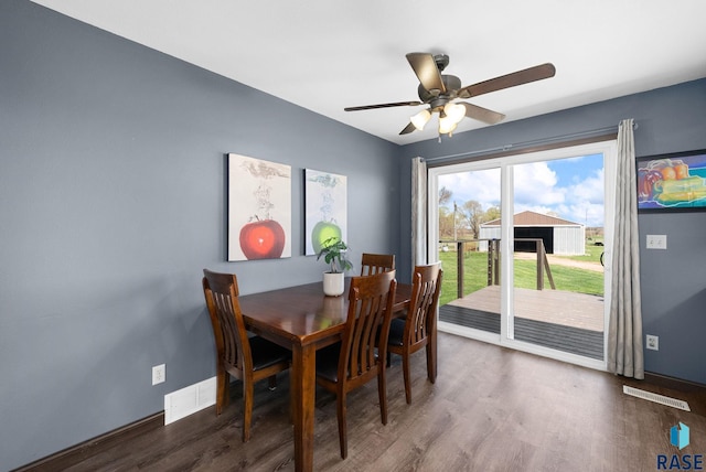 46902 284th St, Lennox, SD 57039 - dining area with baseboards, visible vents, ceiling fan, and wood finished floors