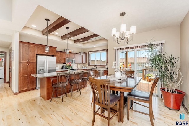 dining area with light wood finished floors, a chandelier, beamed ceiling, recessed lighting, and baseboards