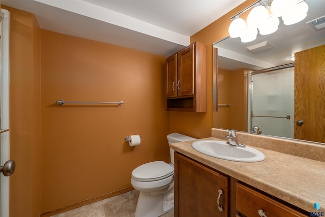 bathroom with toilet, visible vents, baseboards, and a shower stall