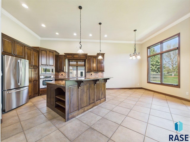 6204 S Doral Trl, Sioux Falls, SD 57108 - kitchen featuring appliances with stainless steel finishes, open shelves, tasteful backsplash, light tile patterned floors, and recessed lighting