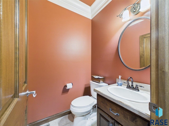 6204 S Doral Trl, Sioux Falls, SD 57108 - half bathroom featuring ornamental molding, toilet, vanity, and tile patterned floors