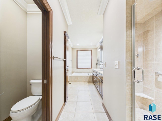 6204 S Doral Trl, Sioux Falls, SD 57108 - full bathroom with crown molding, a shower stall, a garden tub, toilet, and tile patterned flooring