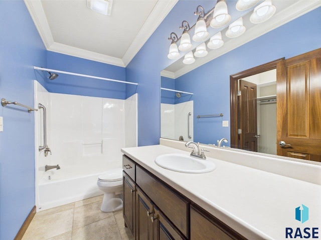 6204 S Doral Trl, Sioux Falls, SD 57108 - bathroom featuring ornamental molding, toilet, shower / bath combination, vanity, and tile patterned flooring