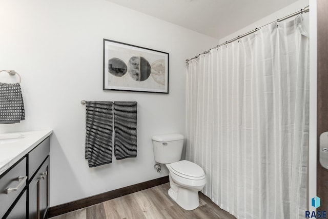 bathroom with vanity, toilet, baseboards, and wood finished floors