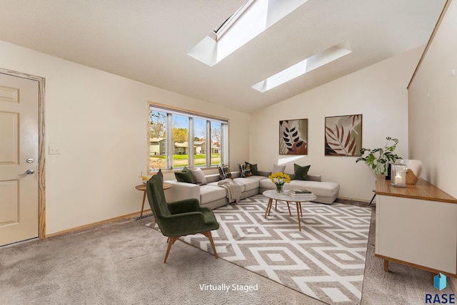 living room featuring light carpet, baseboards, and vaulted ceiling with skylight
