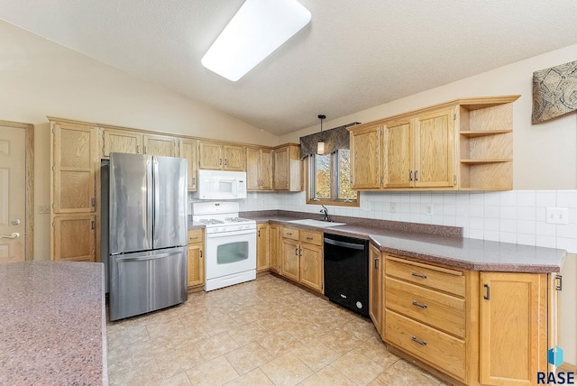 kitchen with lofted ceiling, white appliances, a sink, open shelves, and decorative backsplash