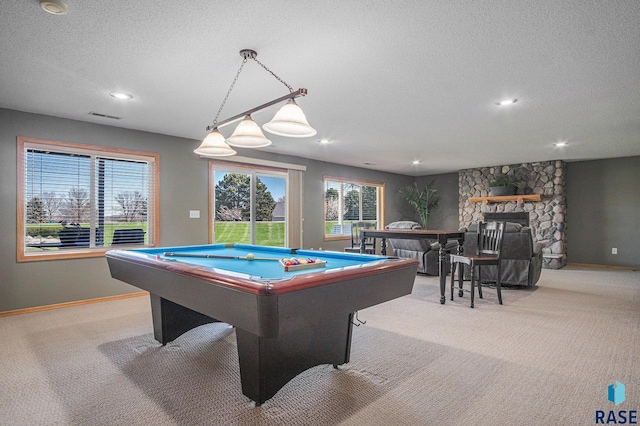 6601 Lenola Hts, Wentworth, SD 57075 - rec room featuring a textured ceiling, visible vents, carpet floors, billiards, and baseboards