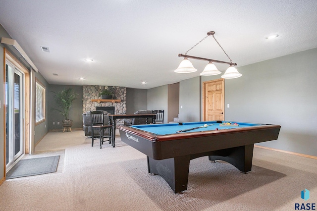 6601 Lenola Hts, Wentworth, SD 57075 - rec room featuring billiards, a fireplace, carpet floors, and visible vents