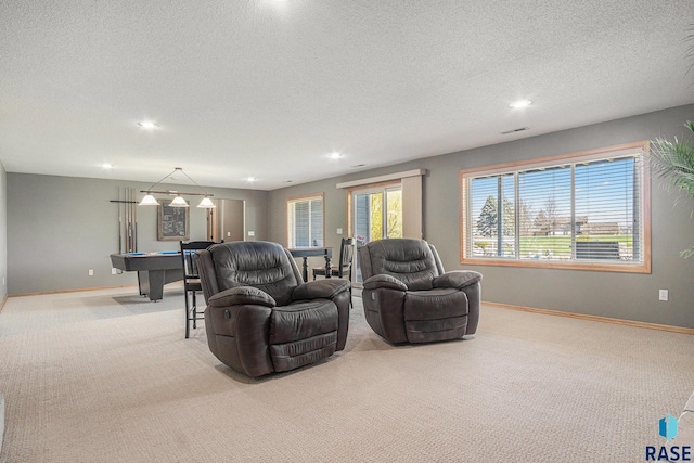 6601 Lenola Hts, Wentworth, SD 57075 - carpeted living room featuring recessed lighting, a textured ceiling, baseboards, and pool table