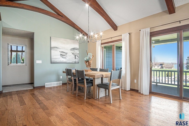 6601 Lenola Hts, Wentworth, SD 57075 - dining space featuring an inviting chandelier, wood finished floors, visible vents, and vaulted ceiling with beams