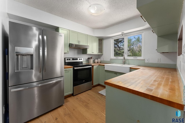 20395 Northgrove Loop, Brookings, SD 57006 - kitchen featuring a sink, wooden counters, green cabinetry, and appliances with stainless steel finishes