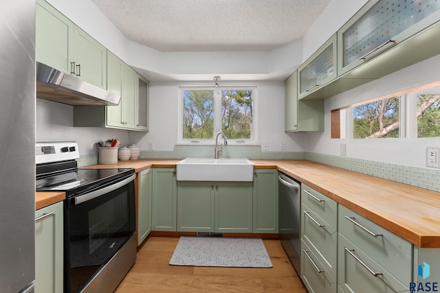 20395 Northgrove Loop, Brookings, SD 57006 - kitchen with a sink, wood counters, stainless steel appliances, green cabinets, and under cabinet range hood