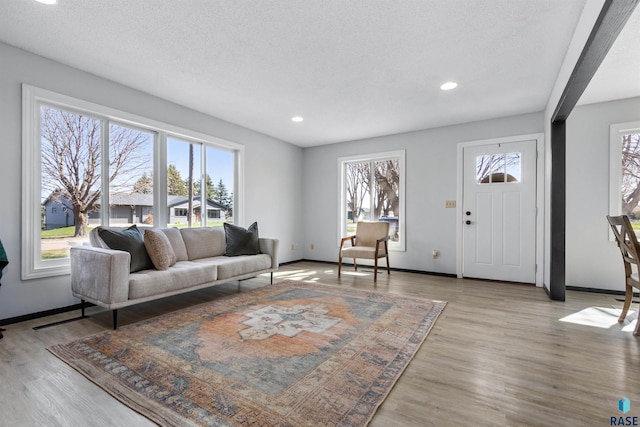 1120 Blaine St, Larchwood, IA 51241 - living room featuring a textured ceiling, wood finished floors, baseboards, and recessed lighting